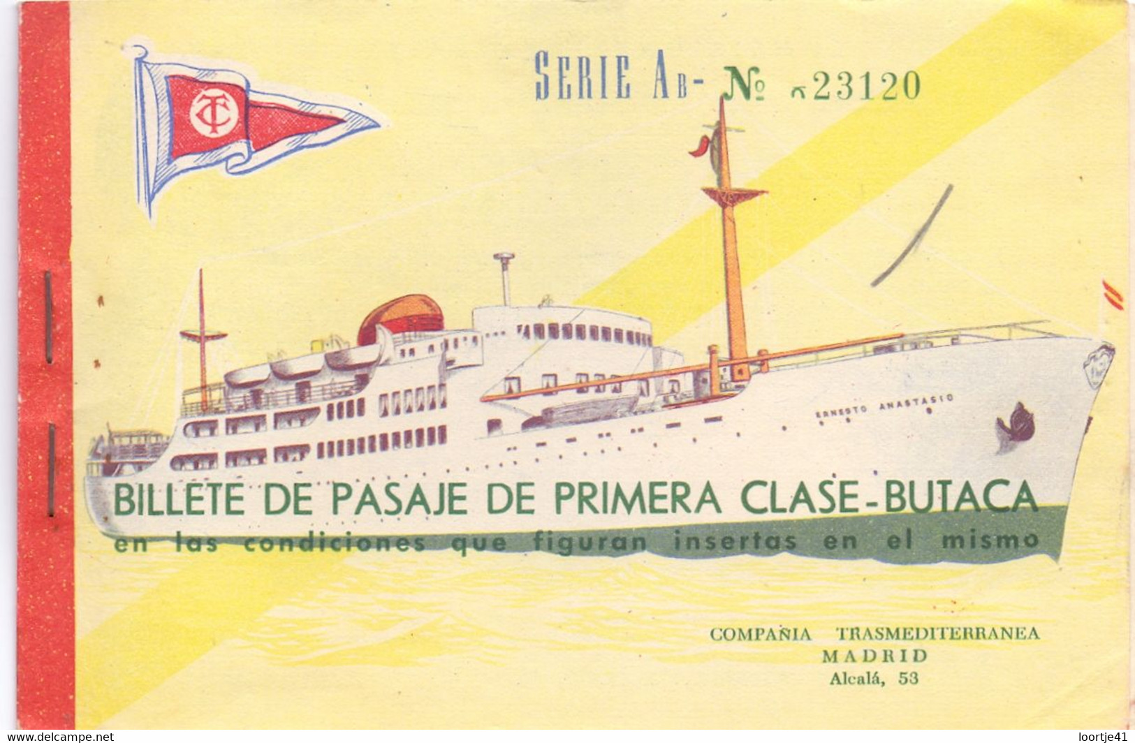 Biljet Billet Billete De Pasaje De Primera Clase Butaca - Compania Transmediterranea Madrid - 1962 - Europa