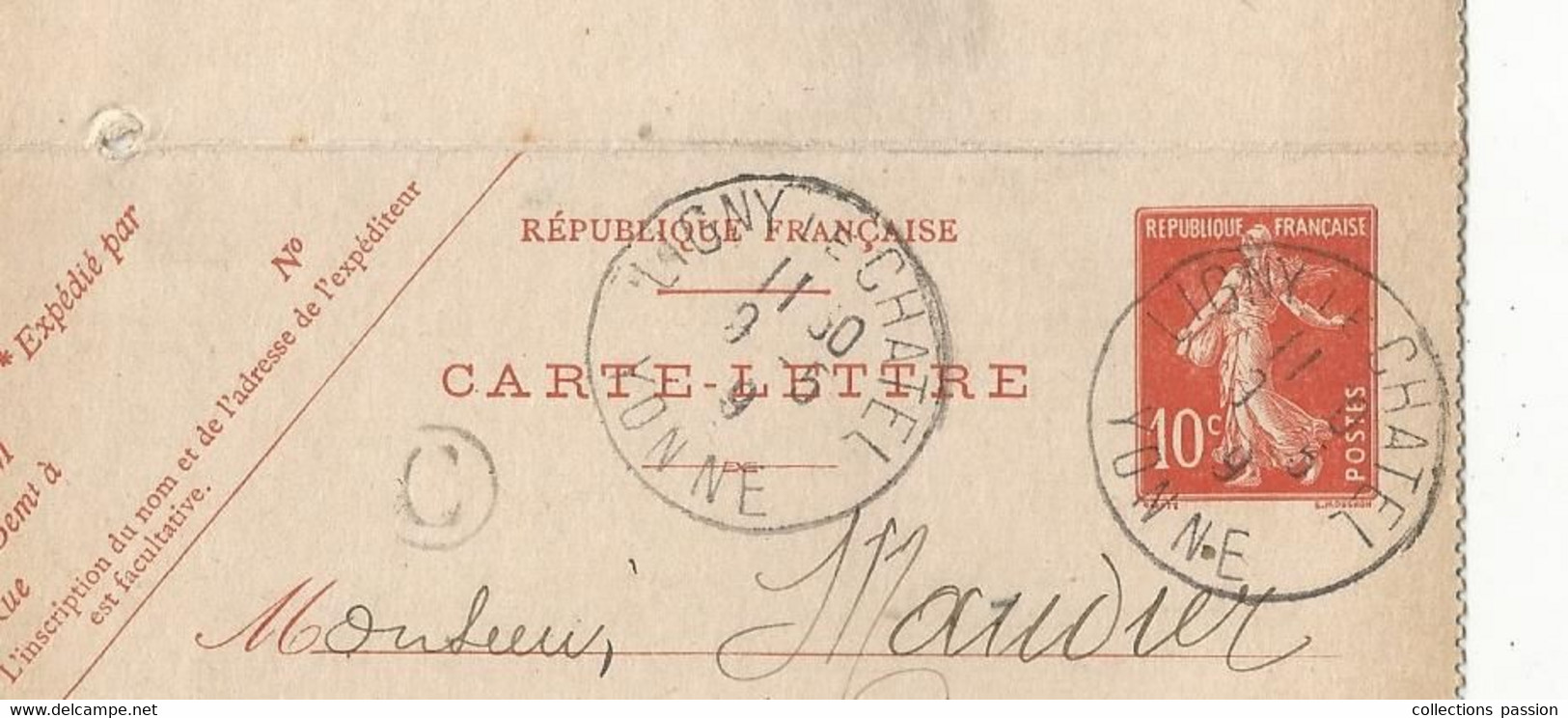 CARTE-LETTRE, Entier Postal, LIGNY LE CHATEL, YONNE, C, 1909,  2 Scans - Kartenbriefe