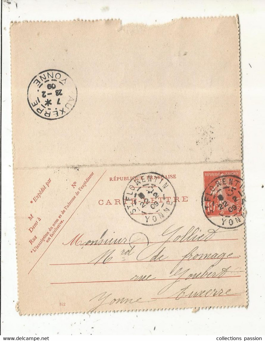 CARTE-LETTRE, Entier Postal, St FLORENTIN, YONNE, AUXERRE, 1909,  2 Scans - Cartes-lettres