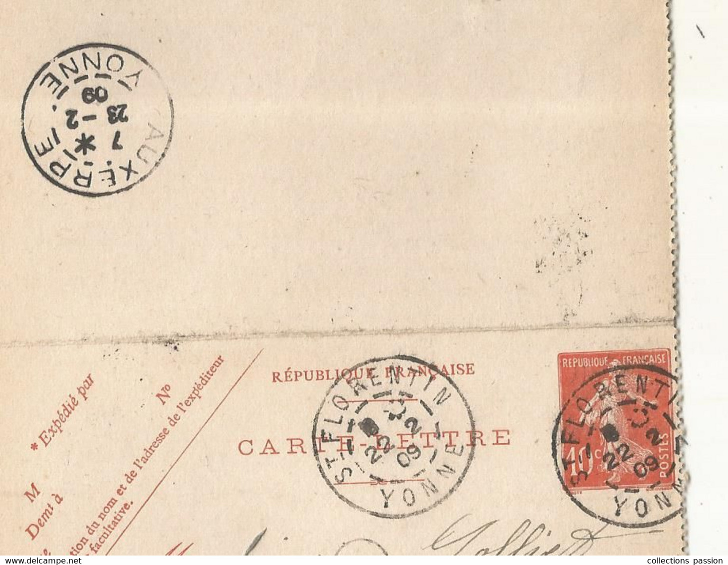 CARTE-LETTRE, Entier Postal, St FLORENTIN, YONNE, AUXERRE, 1909,  2 Scans - Cartoline-lettere