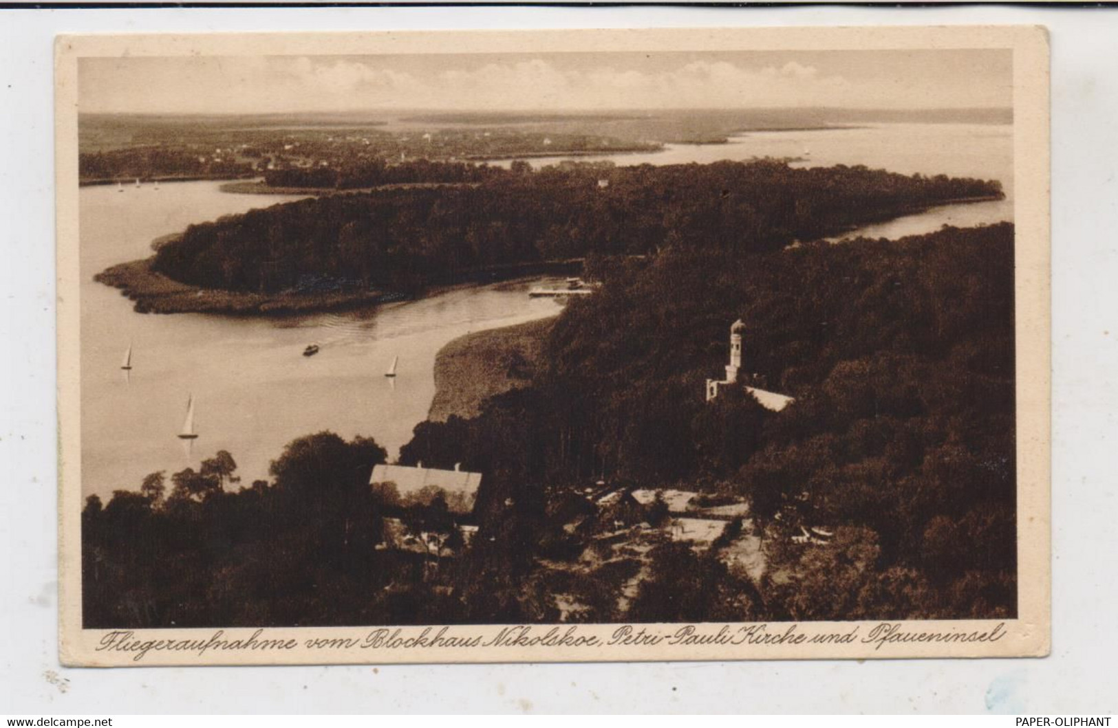 1000 BERLIN - WANNSEE, Luftaufnahme, Blockhaus Nikolskoe, Petri - Paul - Kirche & Pfaueninsel - Wannsee