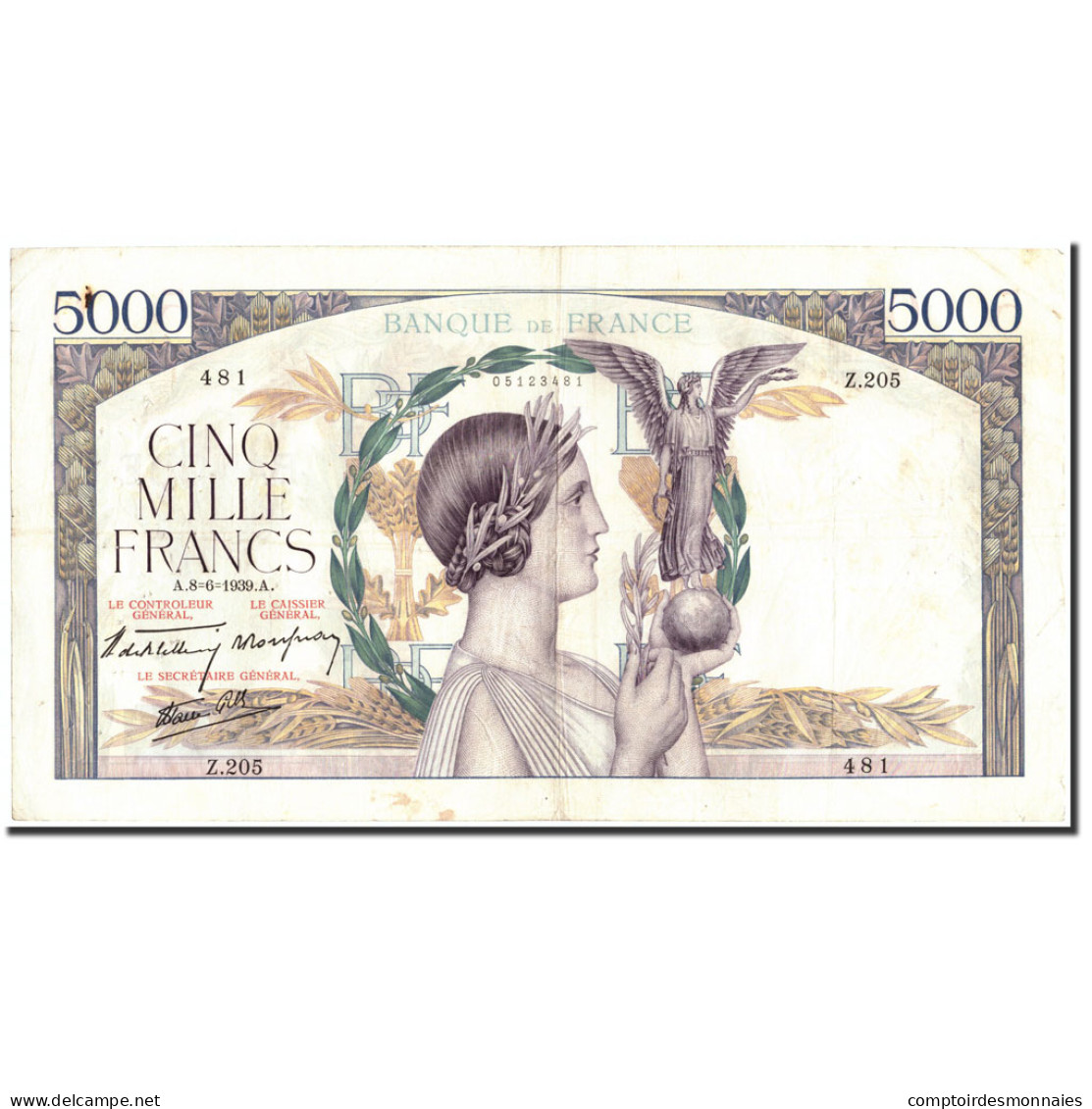 Billet, France, 5000 Francs, 1939, 1939-06-08, TTB, Fayette:46.7, KM:97a - 5 000 F 1934-1944 ''Victoire''