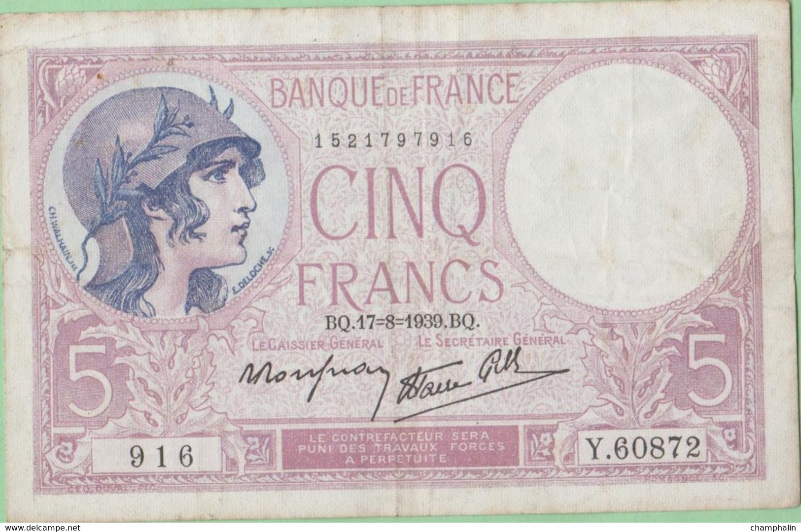 France - Billet De 5 Francs Type Violet - 17 Août 1939 - 5 F 1917-1940 ''Violet''