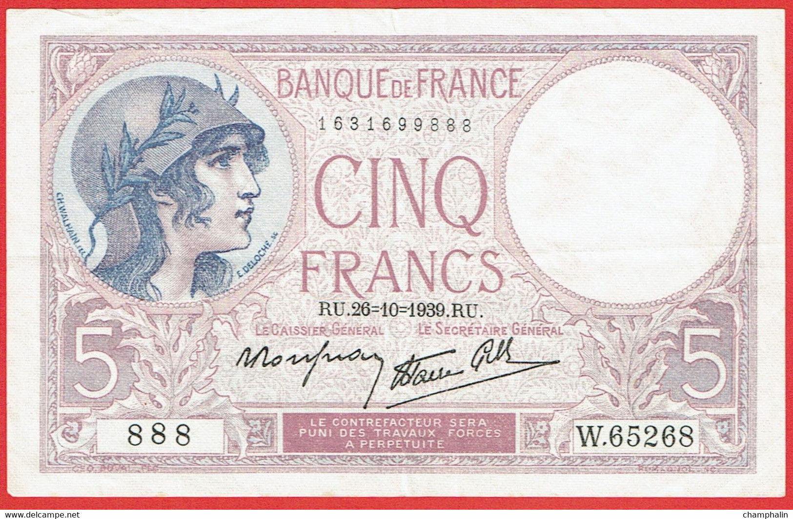 France - Billet De 5 Francs Type Violet - 26 Octobre 1939 - 5 F 1917-1940 ''Violet''