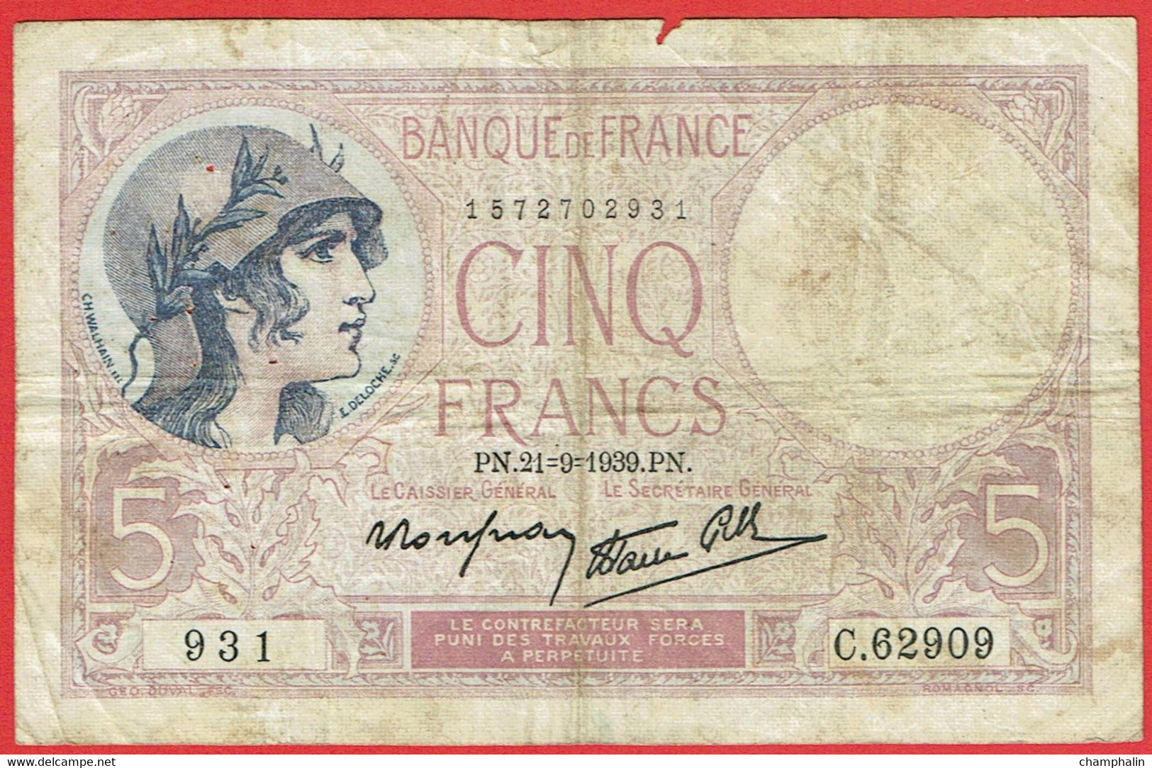 France - Billet De 5 Francs Type Violet - 21 Septembre 1939 - 5 F 1917-1940 ''Violet''