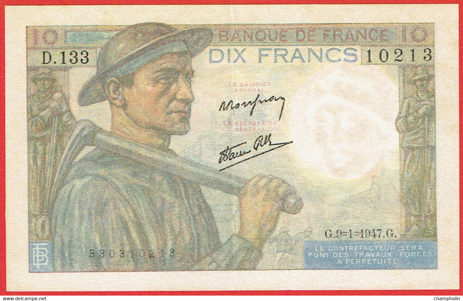 France - Billet De 10 Francs Type Mineur - 9 Janvier 1947 - 10 F 1941-1949 ''Mineur''