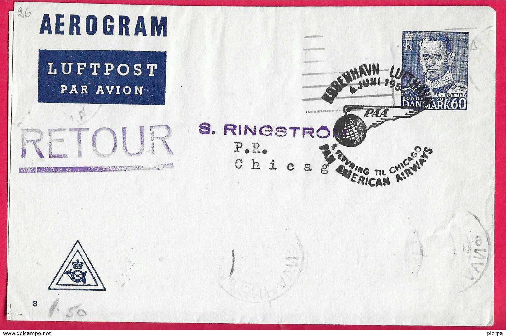 DANIMARCA - FIRST FLIGHT KOBENHAVN / CHICAGO * 6.JUN. 1954* SU AEROGRAMMA - Poste Aérienne