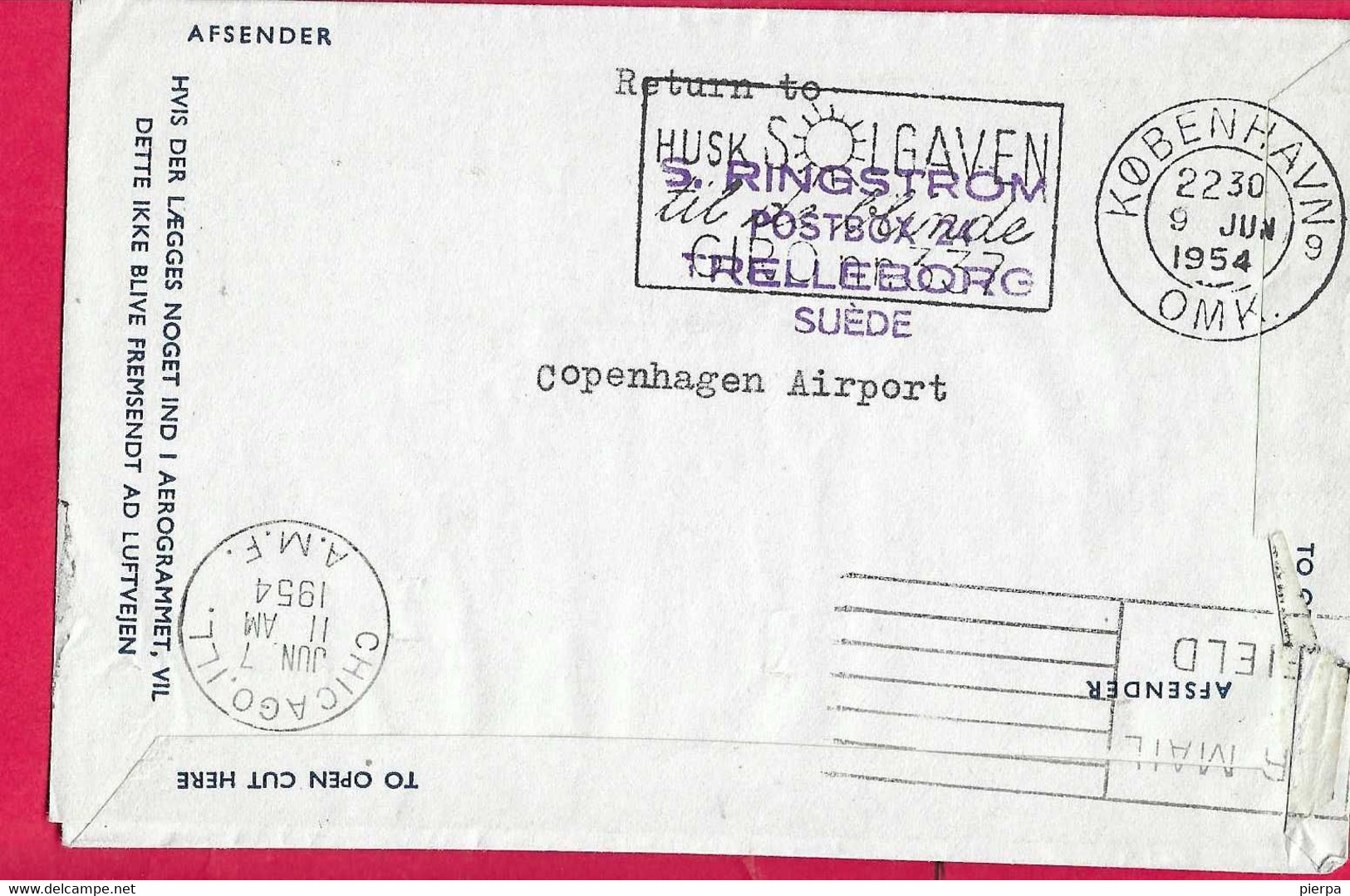 DANIMARCA - FIRST FLIGHT KOBENHAVN / CHICAGO * 6.JUN. 1954* SU AEROGRAMMA - Poste Aérienne