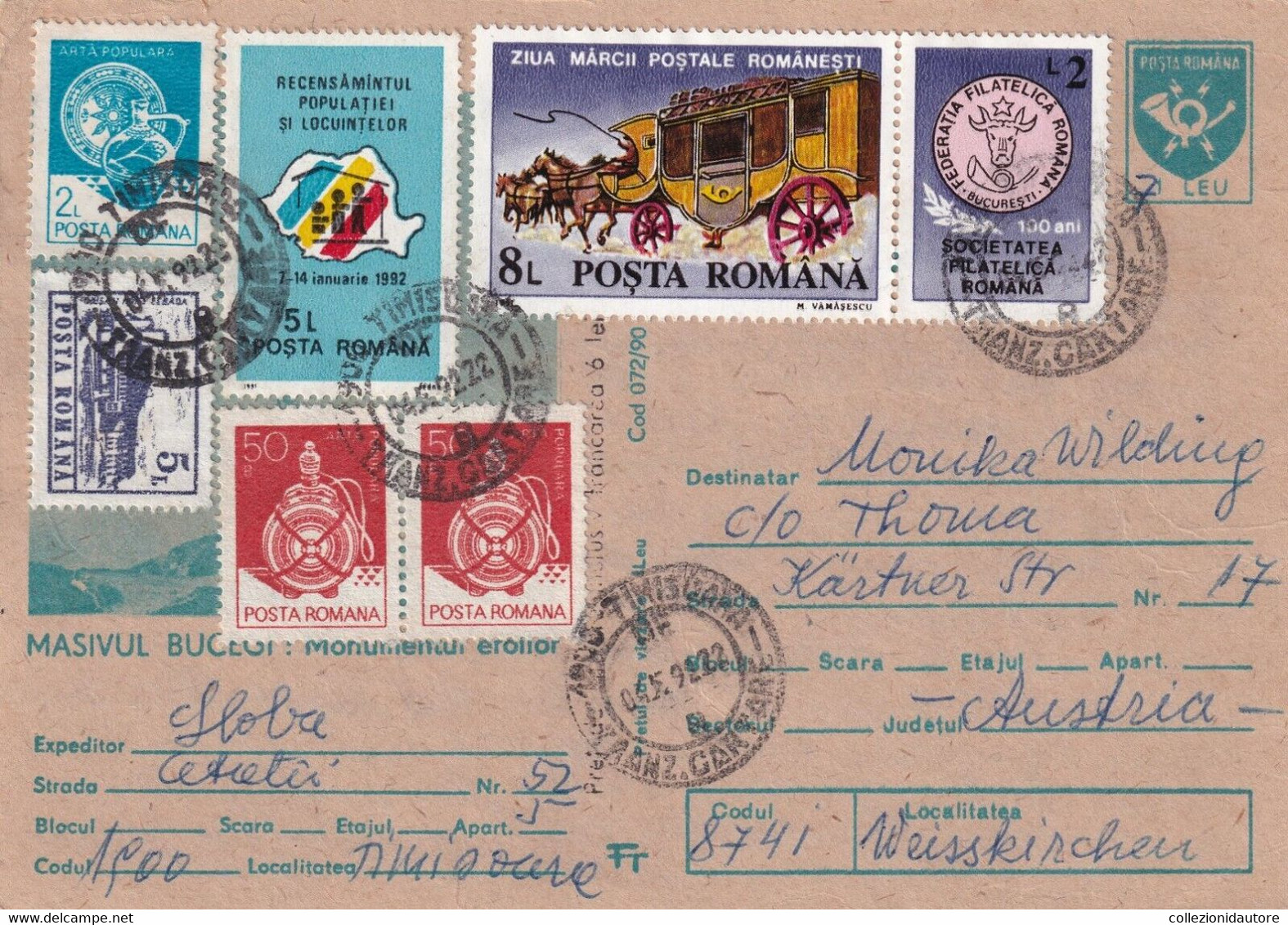 ROMANIA - CARTOLINA POSTALE SPEDITA NEL 1992 TIMISOARA WEIßKIRCHEN - MULTIAFFRANCATURE - Covers & Documents