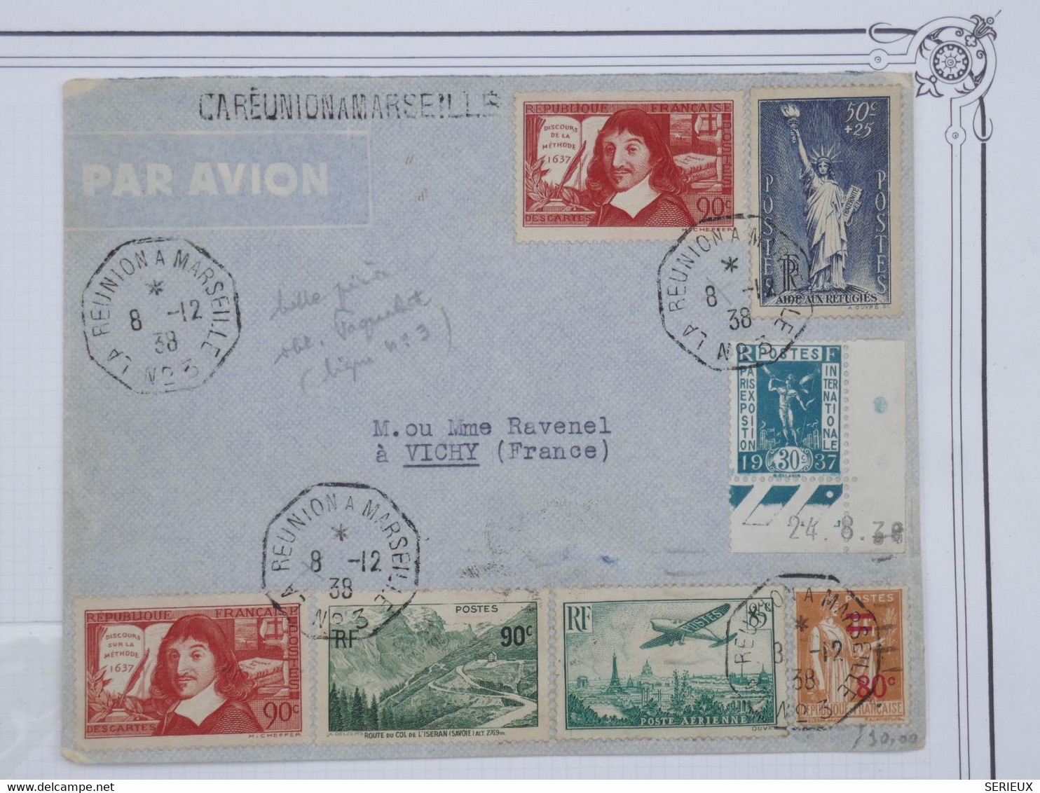 BH6 LA REUNION  BELLE LETTRE CURIOSITé RRR 1938  A VICHY FRANCE +GRIFFE CAREUNIO.+ OBLIT. PAQUEBO +AFFRANCH. INTERESSANT - Luftpost