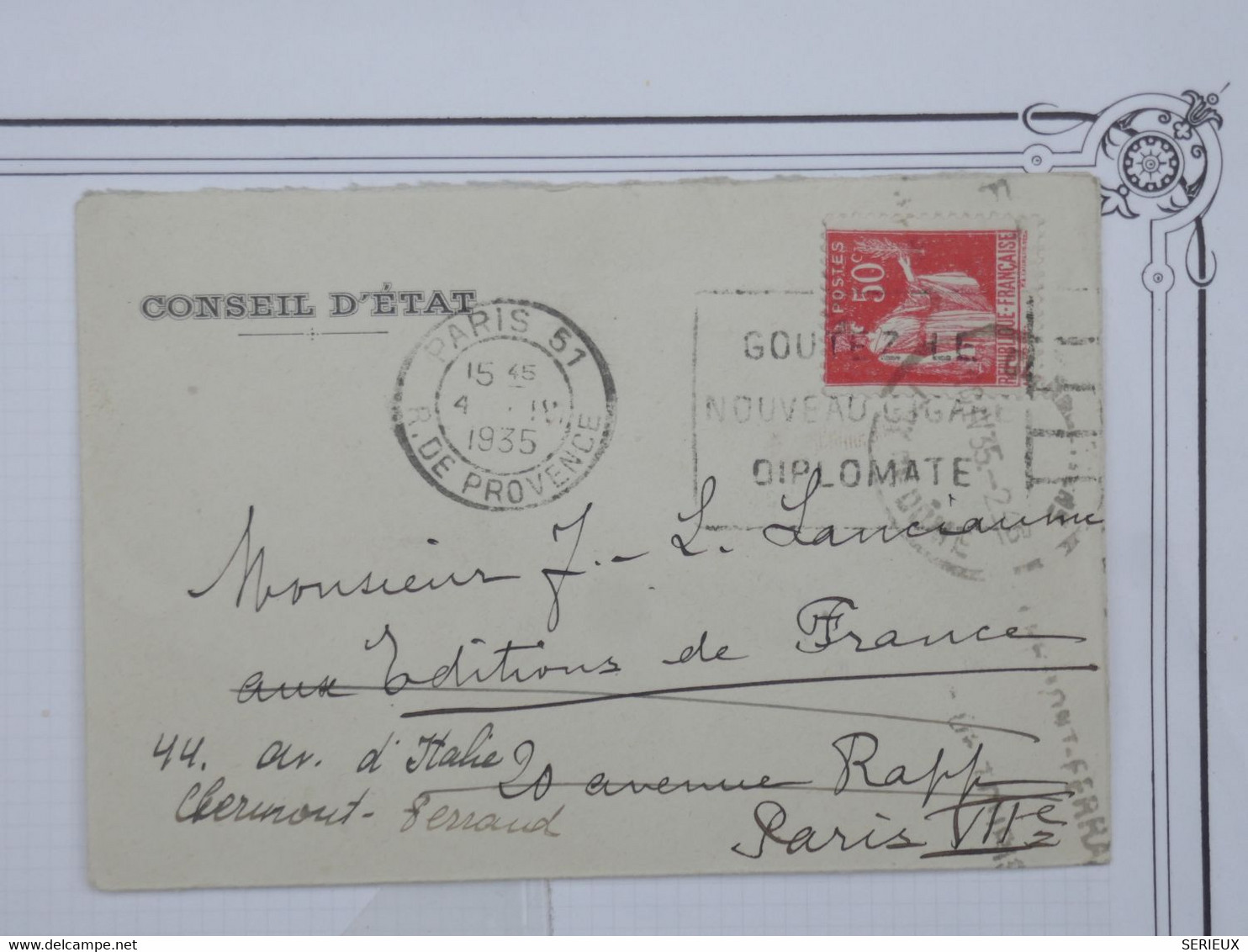 BH6 FRANCE   BELLE LETTRE CONSEIL D ETAT   RR 1935  REDISTRIBUEE A CLERMONT  FERRAND ++AFFRANCH. INTERESSANT - Cartas & Documentos