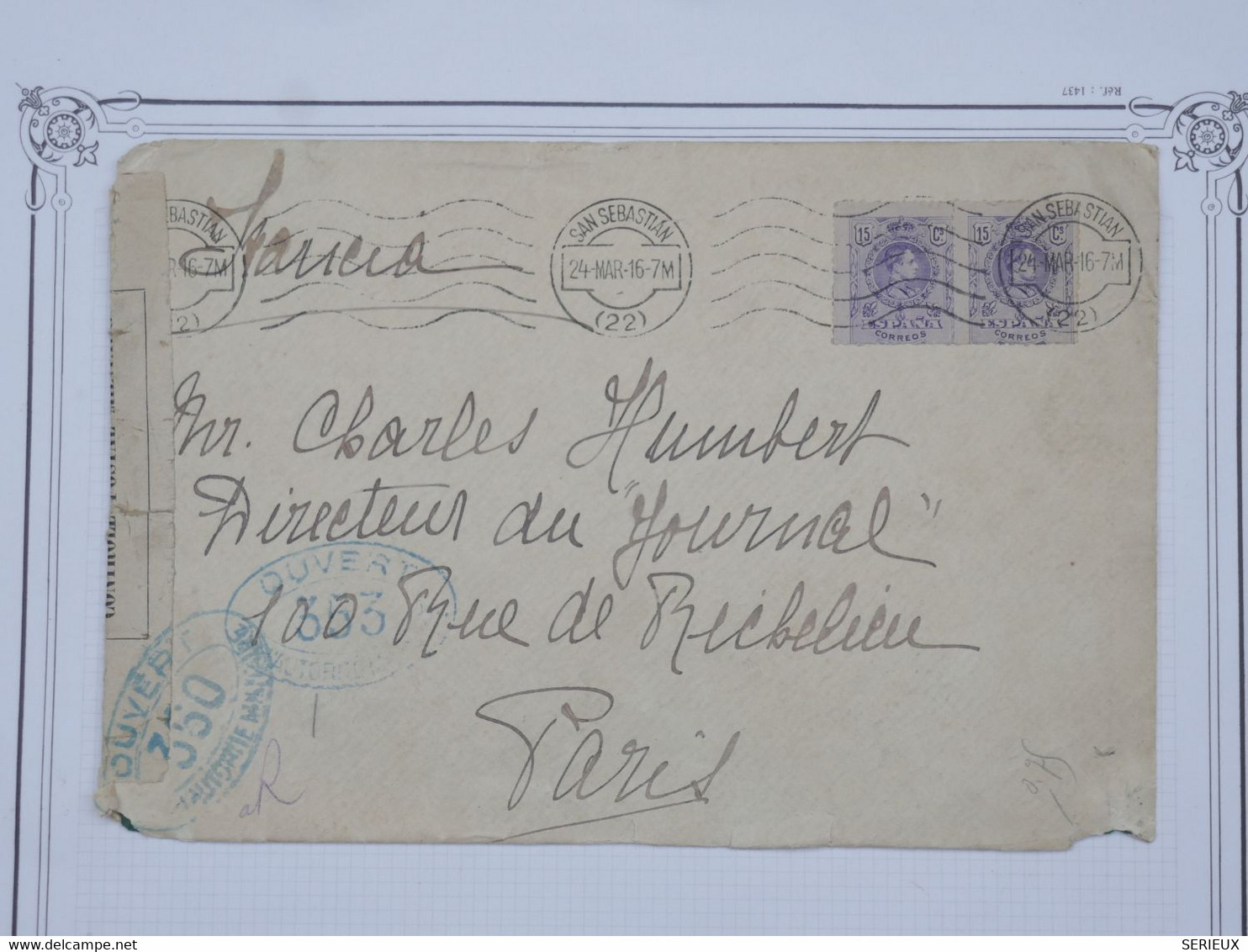 BH6 ESPANA   BELLE LETTRE CENSUREE RR 1916  SAN SEBASTIAN A PARIS FRANCE +PAIRE DE TP  ++AFFRANCH. PLAISANT - Storia Postale