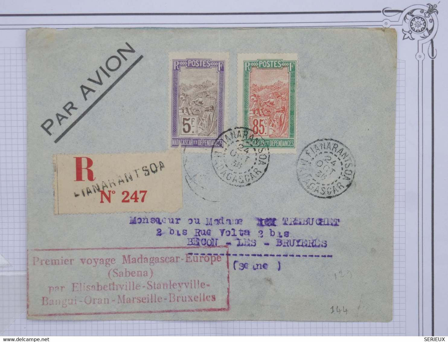 BH6 MADAGASCAR   BELLE LETTRE RRR 1936 1ER VOL TANARANTSOA  A  BECON  FRANCE ++LE 5F N°110 ++AFFRANCH. PLAISANT - Luchtpost