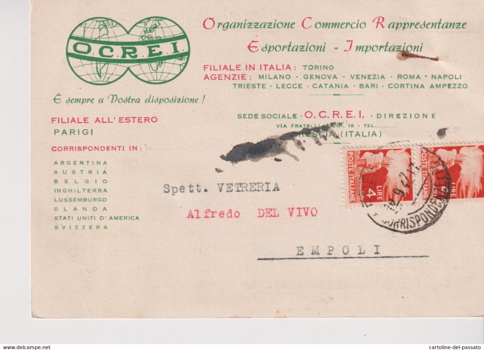 EMPOLI STORIA POSTALE  1947 TESTATINA PUBBLICITA'  VETRERIA - Empoli