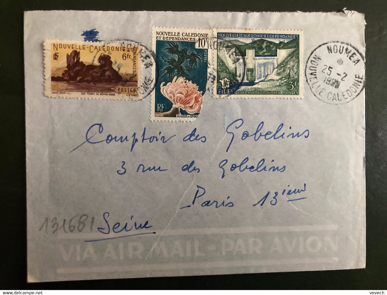 LETTRE TP FIDES BARRAGE 3F + FLEUR 10F + LES TOURS DE NOTRE-DAME 6F OBL.25-2 1960 NOUMEA - Covers & Documents