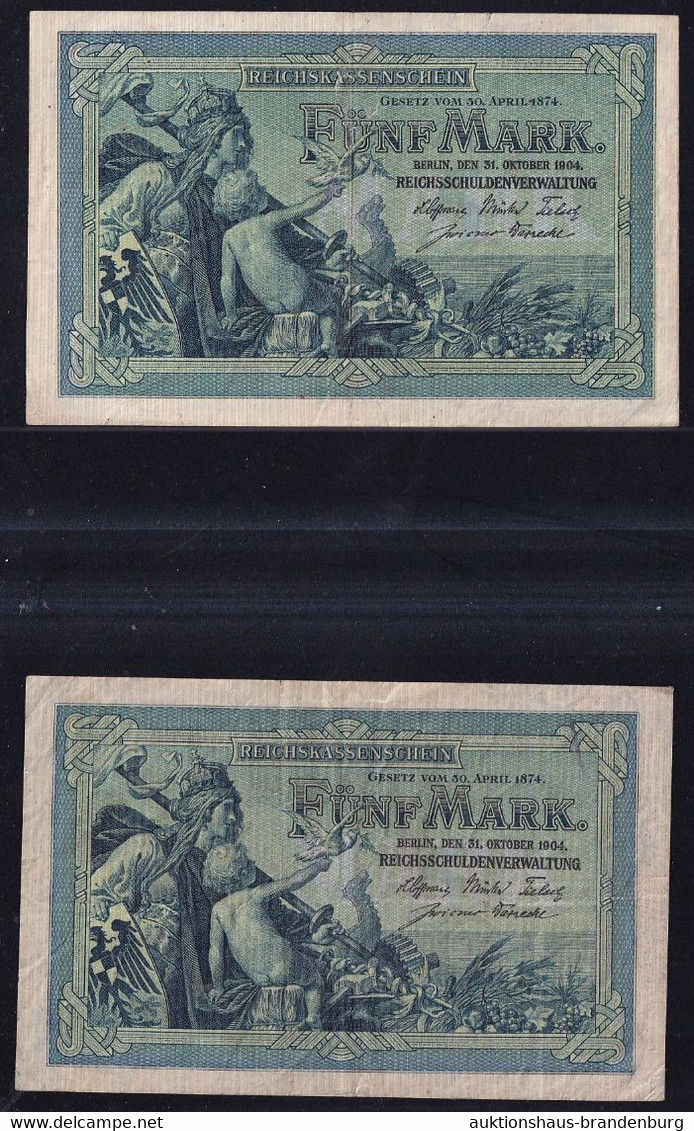 2x 5 Mark 31.10.1904 - Reichskassenschein - KN 6- + 7-stellig (DEU-52a, B) - 5 Mark