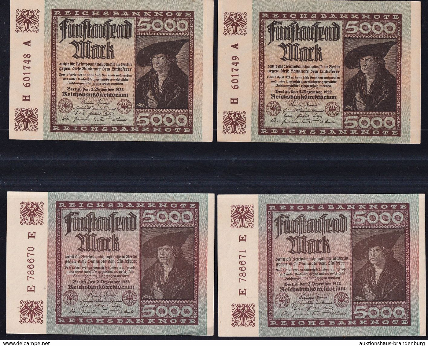 4x 5.000 Mark 2.12.1922 - 2x 2 Laufende KN - Reichsbank (DEU-91d, F) - 5000 Mark