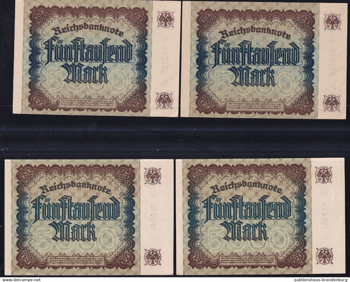 4x 5.000 Mark 2.12.1922 - 2x 2 Laufende KN - Reichsbank (DEU-91d, F) - 5.000 Mark