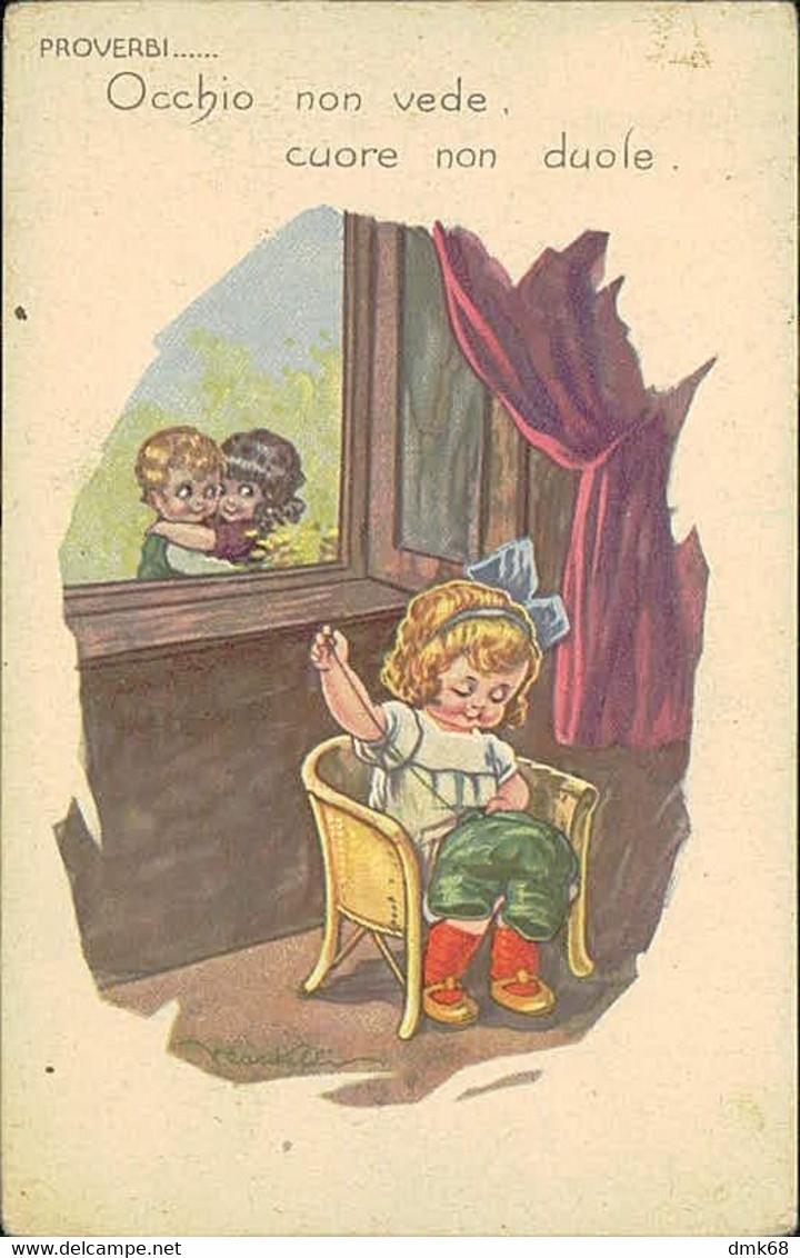 CASTELLI SIGNED 1920s POSTCARD - PROVERBI - KIDS - OCCHIO NON VEDE CUORE NON DUOLE - ROMANIA STAMPS - 593/1 (3832) - Castelli