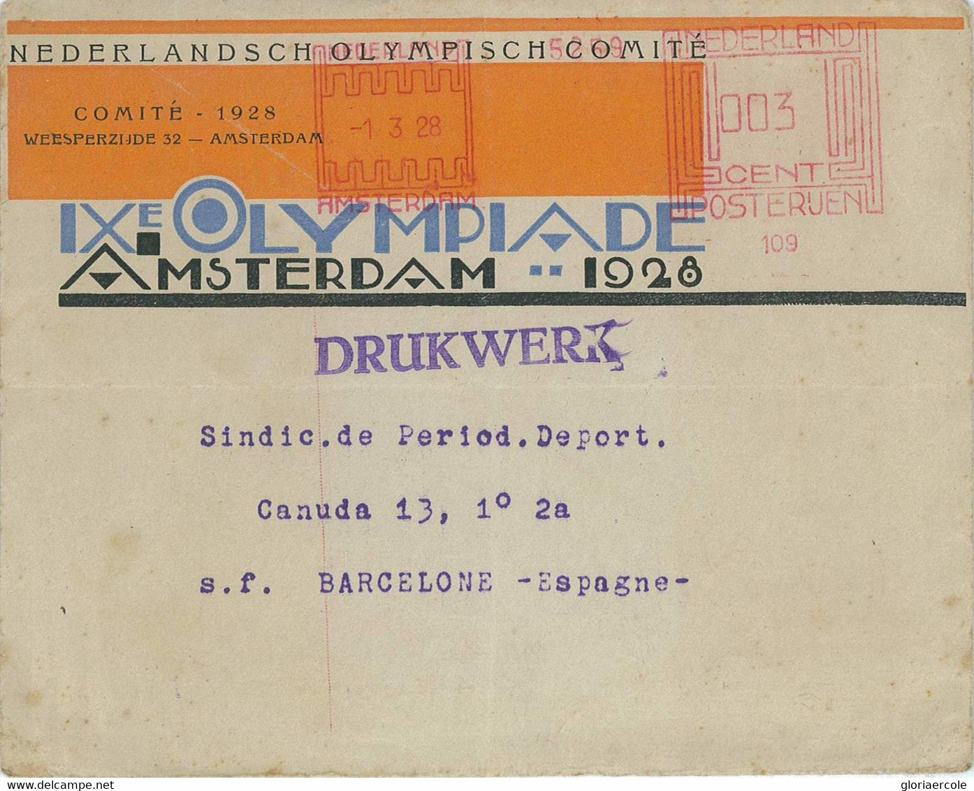 P0410 - NETHERLANDS - POSTAL HISTORY - 1928 Olympic Games Committee COVER Rare! - Estate 1928: Amsterdam