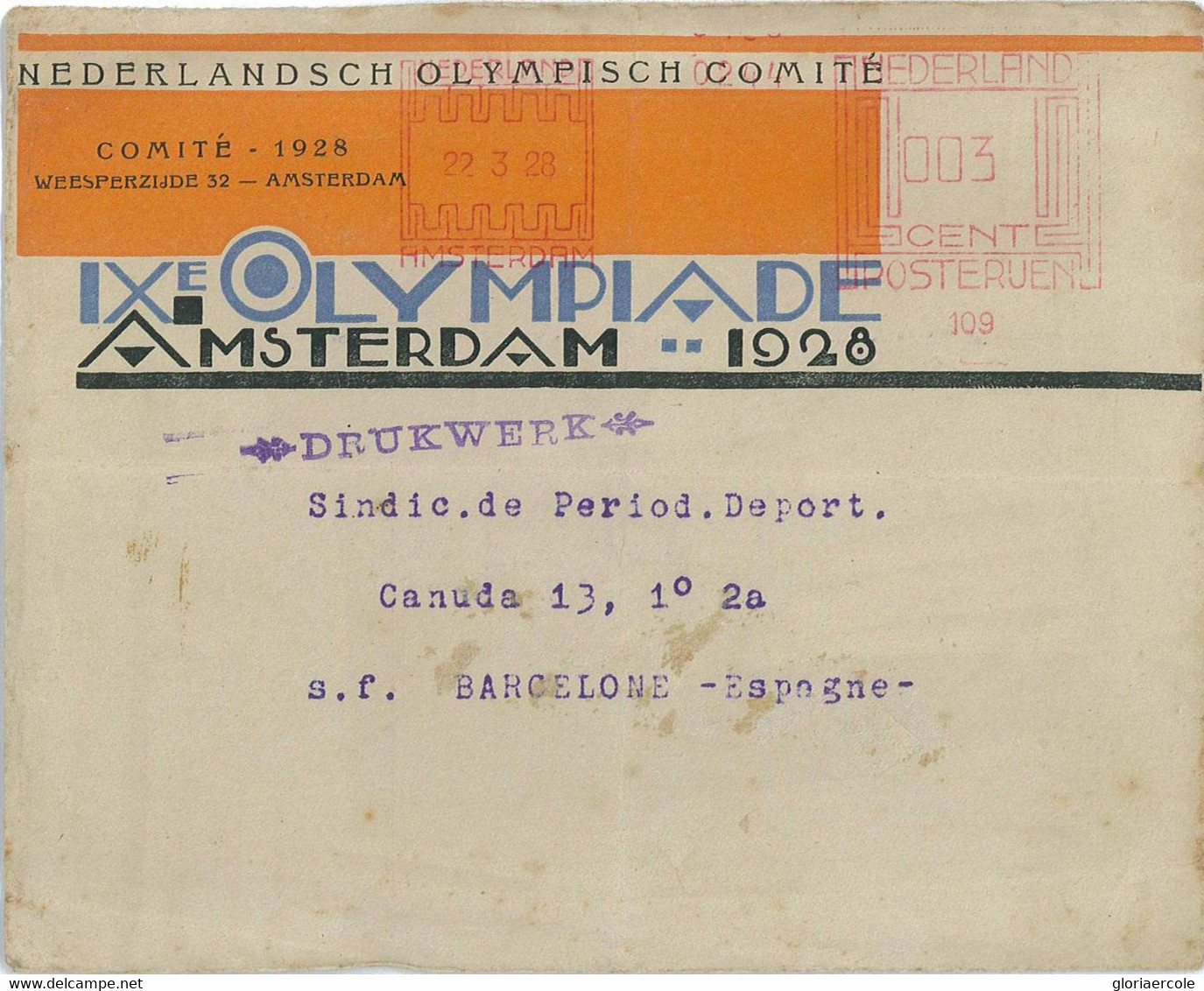 P0411 - NETHERLANDS - POSTAL HISTORY - 1928 Olympic Games Committee COVER Rare! - Verano 1928: Amsterdam