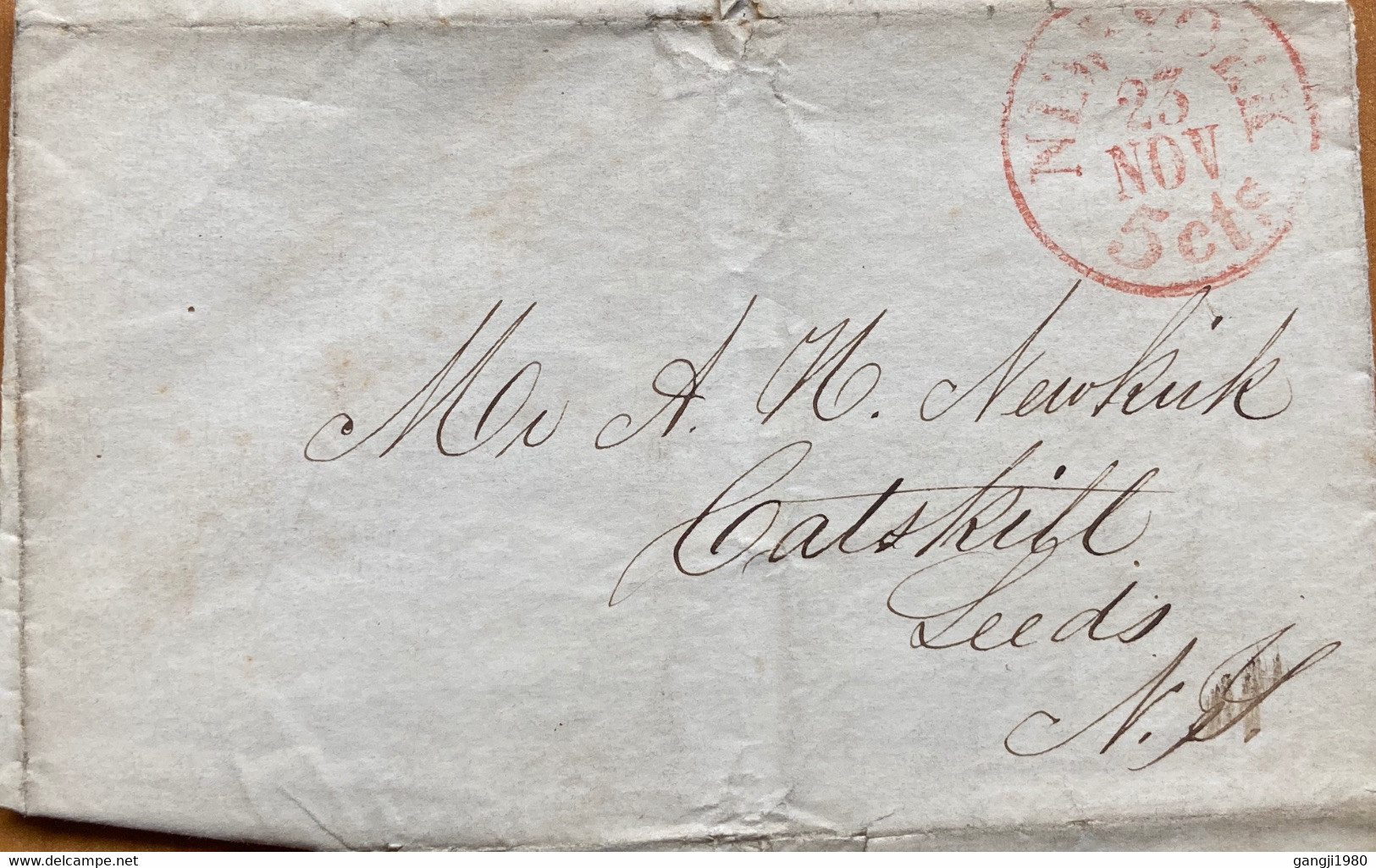 USA 1848, PRE PHILATELIC COVER,RED SINGLE CIRCLE NEW YORK 23 NOV ,5 CENT PAID FINE CANCELLATION !!! - …-1845 Préphilatélie