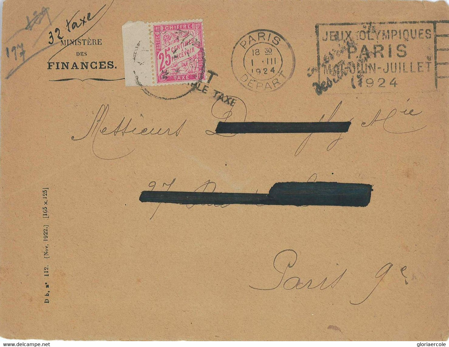 P0416 - FRANCE - POSTAL HISTORY - 1924 Olympic Games POSTMARK On TAXED Cover - Summer 1924: Paris