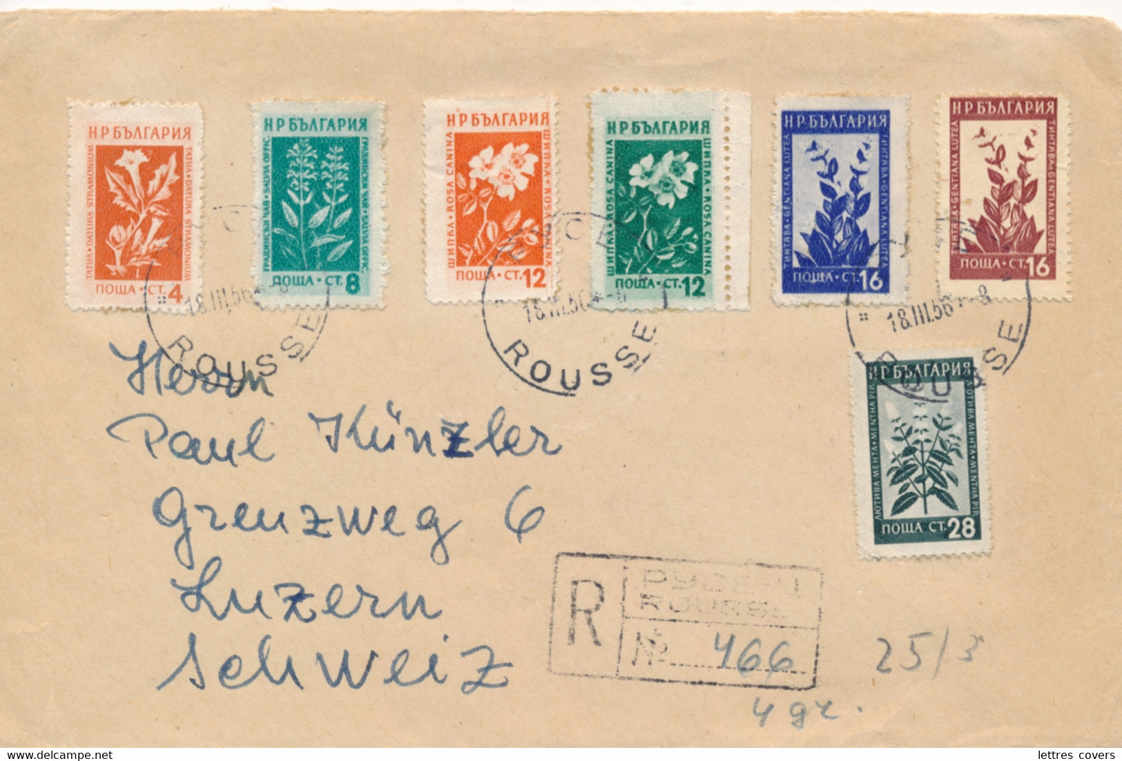 BULGARIA FLOWER SET Obl ROUSSE 18/3/56 - REGISTERED Cover To Switzerland Suisse - Fleurs Lettre - Covers & Documents