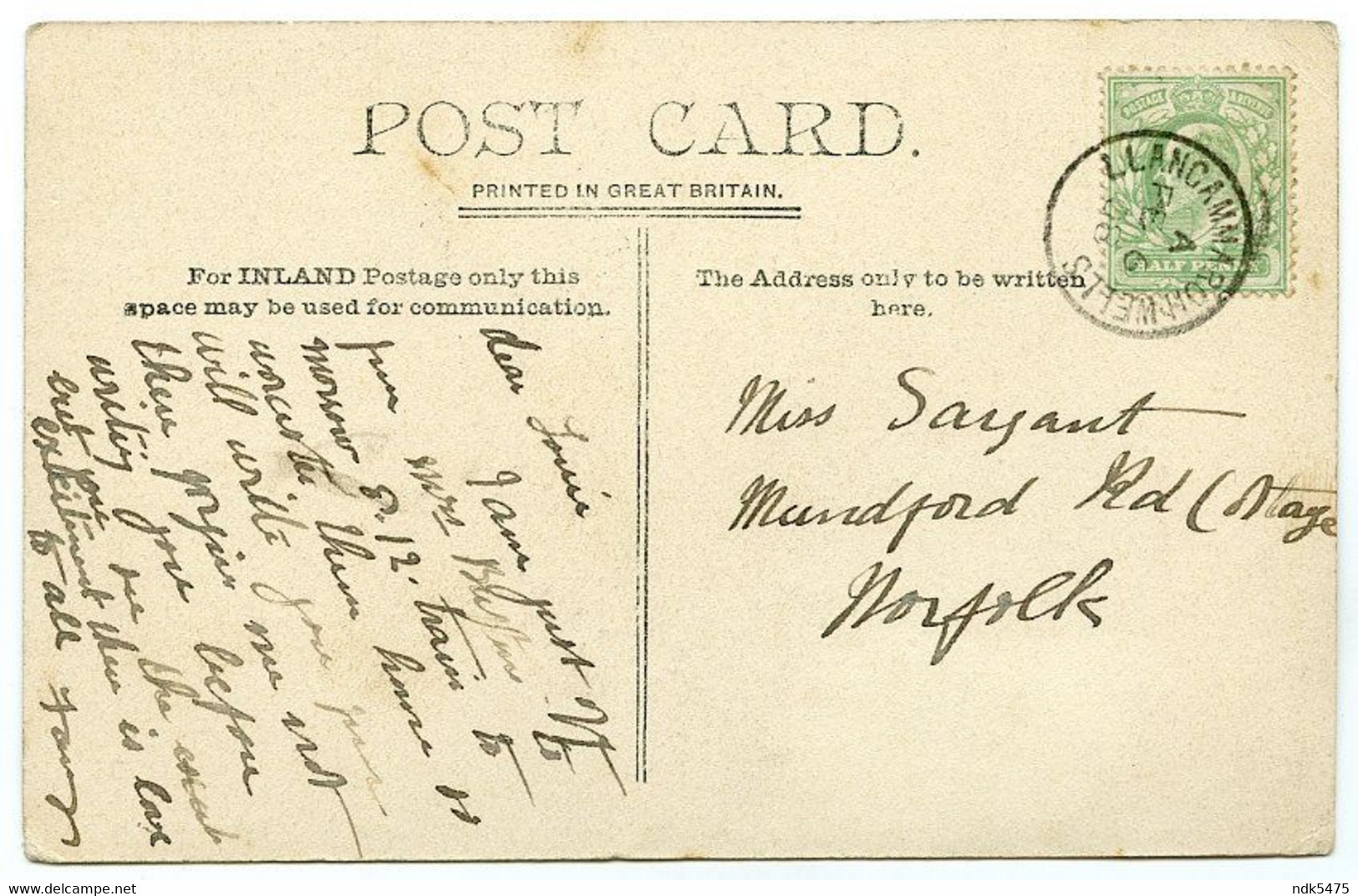 LLANAMMARCH WELLS FROM BUNGALOW / POSTMARK CDS / ADDRESS - NORFOLK, THETFORD, MUNDFORD ROAD COTTAGE (SAYANT) - Breconshire