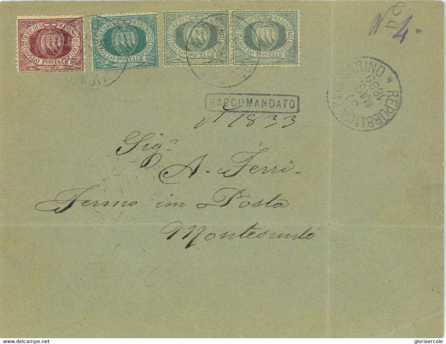 P0311  - SAN MARINO  - STORIA POSTALE - Busta RACCOMANDATA  Tricolore 1899 - Storia Postale