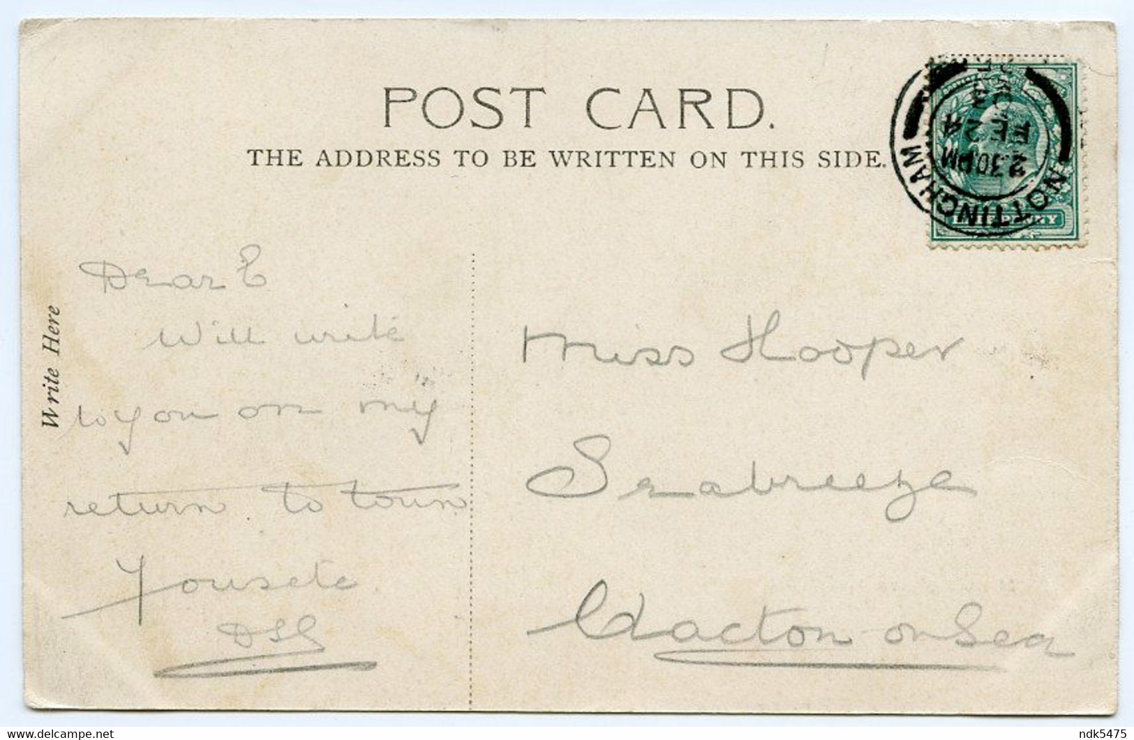 NOTTINGHAM HOSPITAL / POSTMARK / ADDRESS - CLACTON ON SEA (HOOPER) - Nottingham