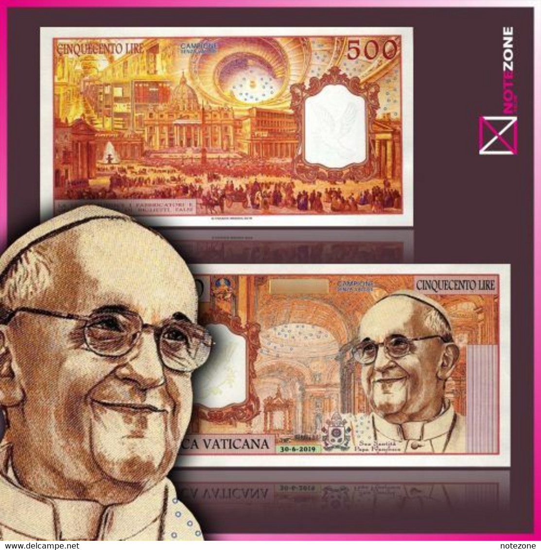 Franck Medina 500 Lire Pope Francis Vatican Paper Private Fantasy Banknote - Vatican