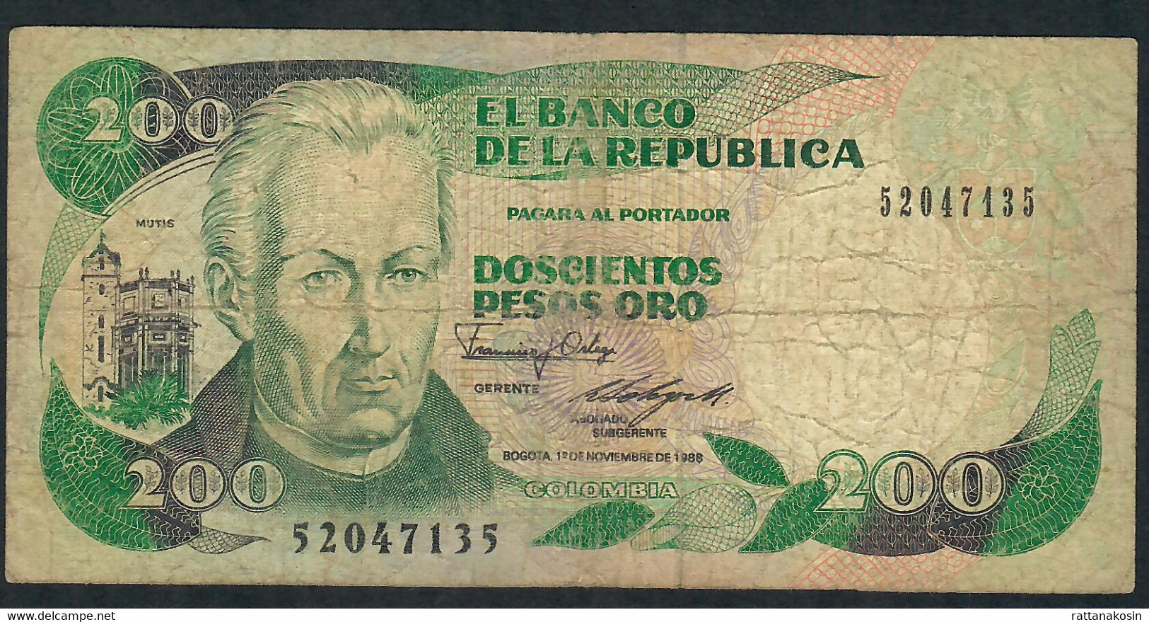 COLOMBIA P429d 200 PESOS ORO  1.11.1988 FINE NO P.h. - Colombia