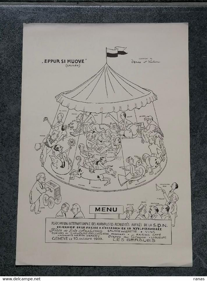 Menu SDN Société Des Nations Par Derso Et Kelen Satirique Caricature Journalisme Genève Suisse Orgue De Barbarie Manège - Menus