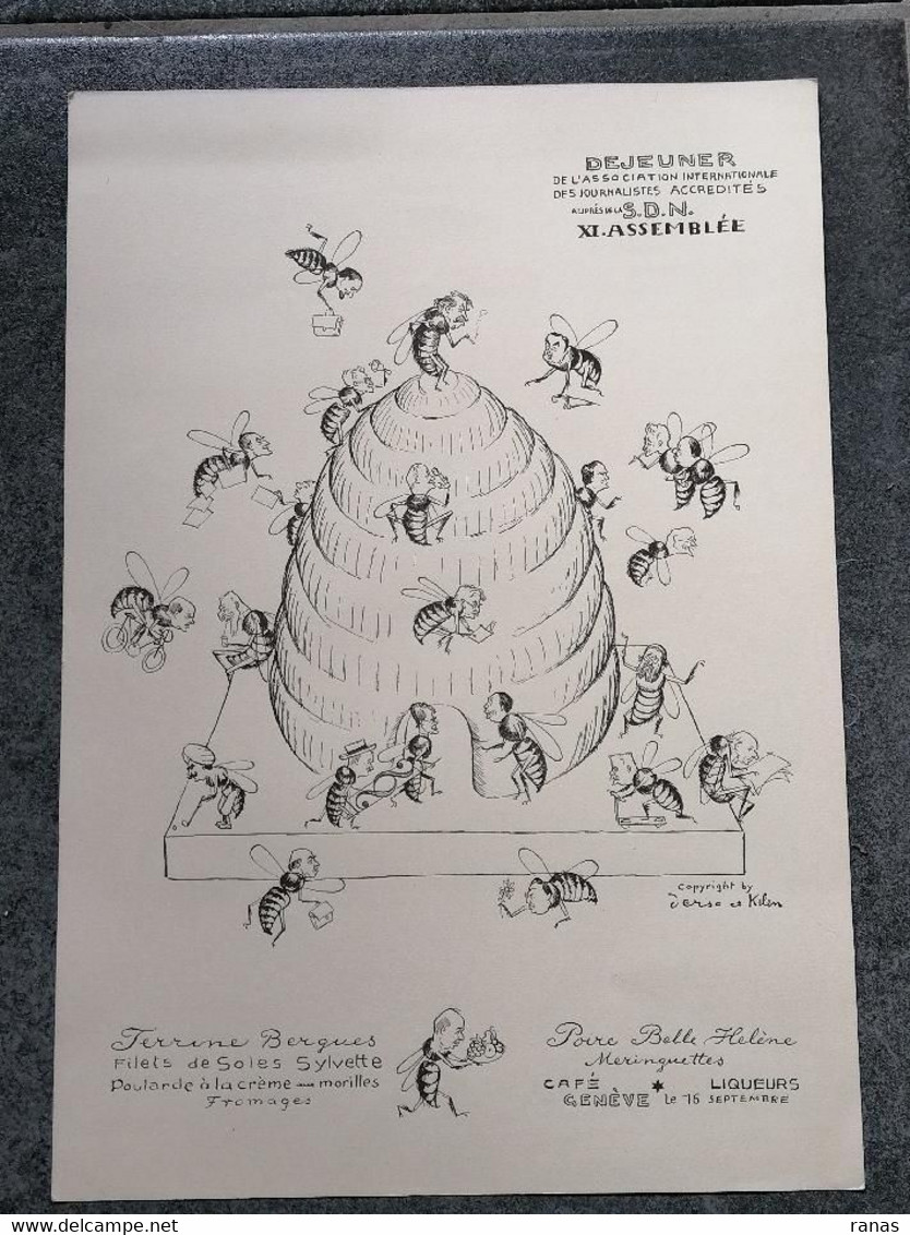 Menu SDN Société Des Nations Par Derso Et Kelen Satirique Caricature Journalisme Genève Suisse Ruche Abeille - Menus