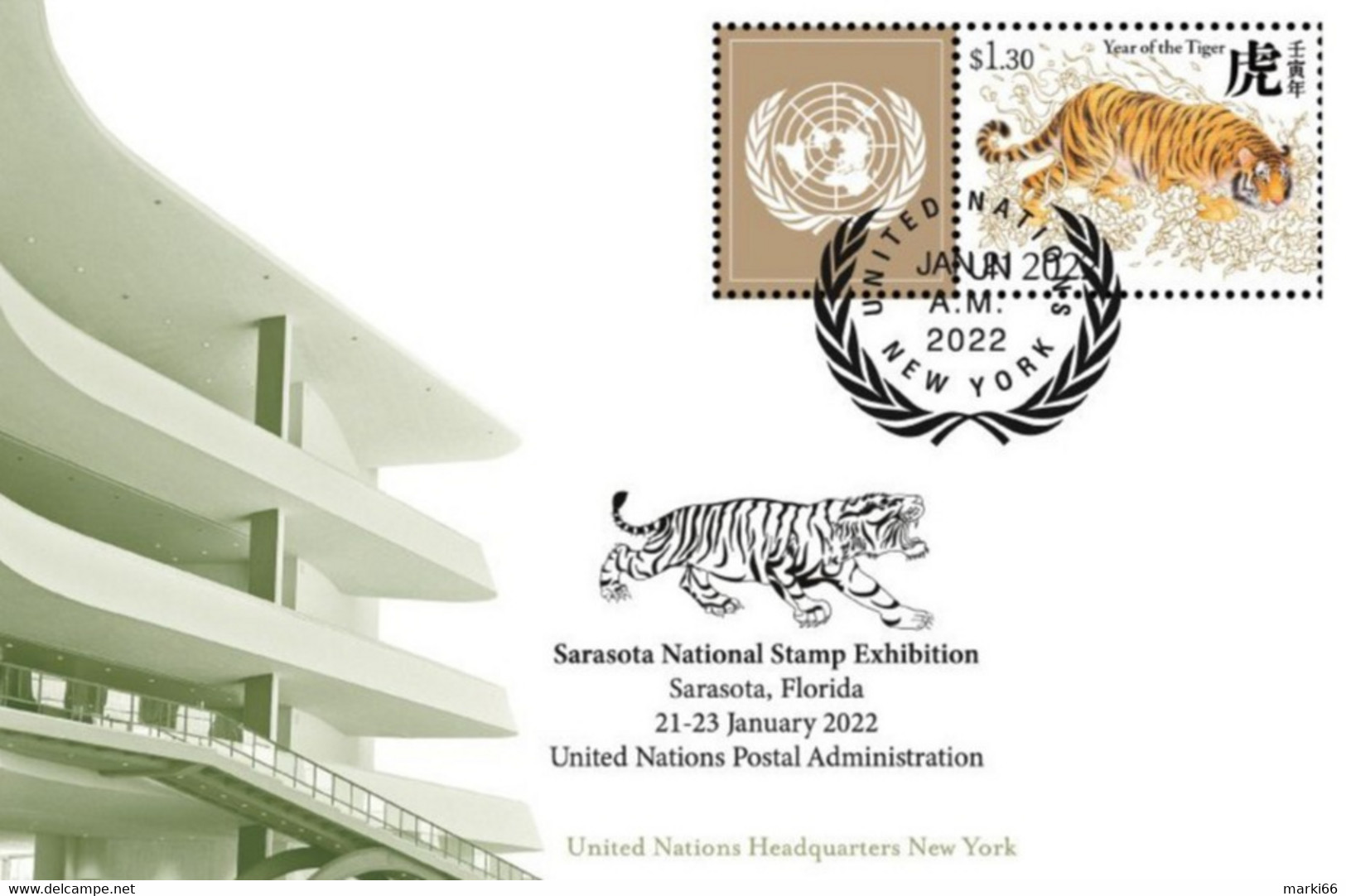 United Nations - New York - 2022 - Lunar New Year Of The Tiger - Sarasota Stamp Exhibition - Special Card With Postmark - Maximum Cards