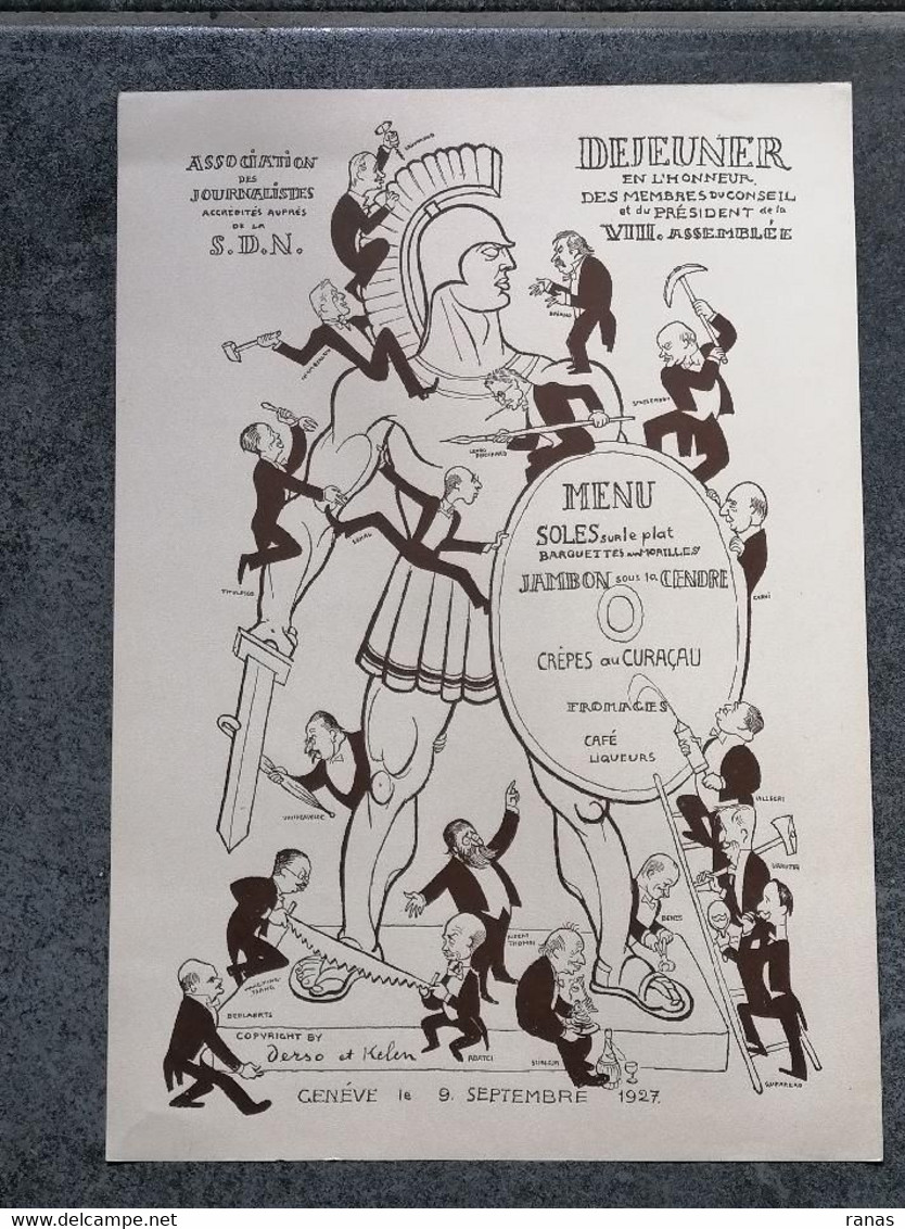 Menu SDN Société Des Nations Par Derso Et Kelen Satirique Caricature Journalisme Genève Suisse Aristide Briand - Menükarten