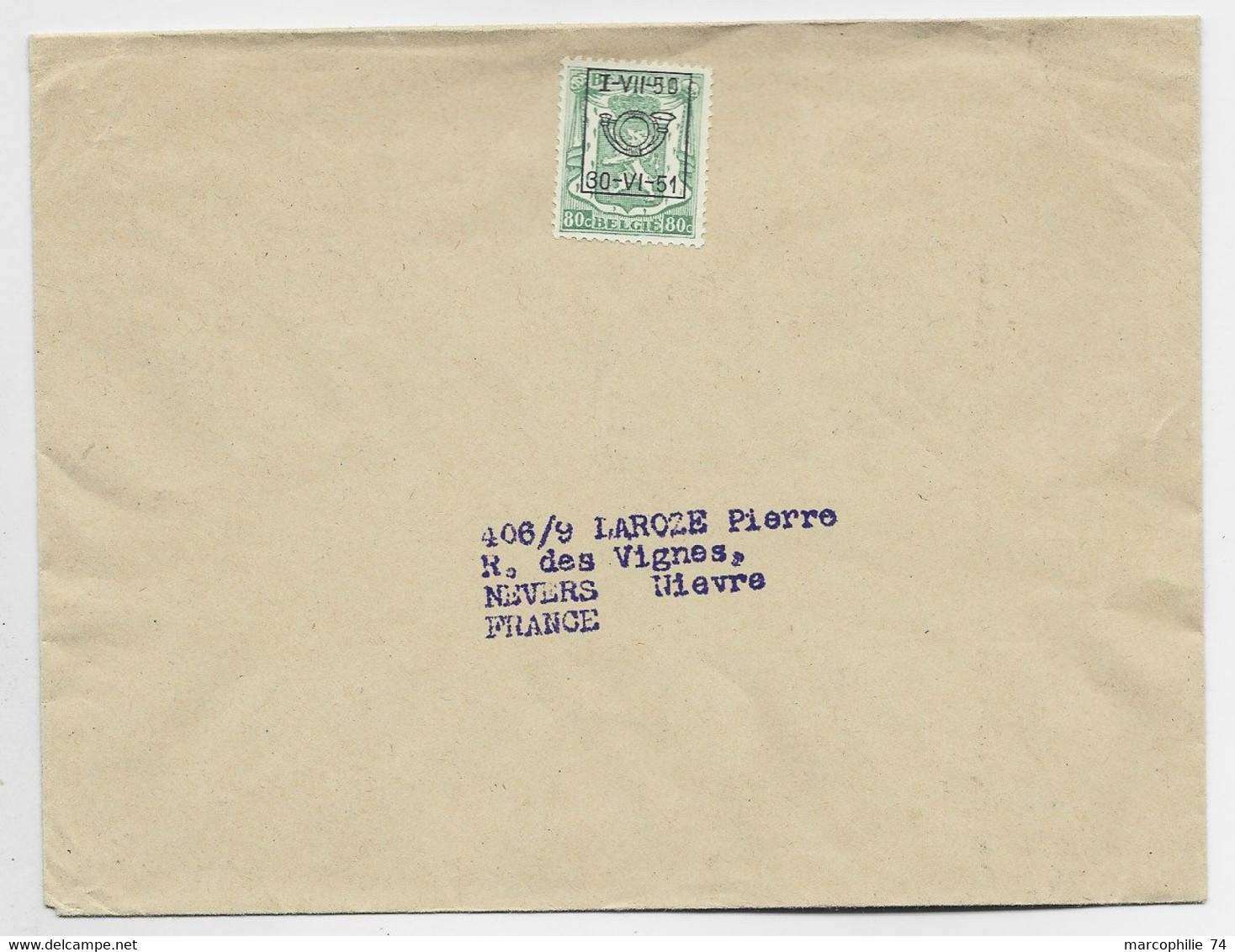 BELGIQUE PREO 80C LION SURCHARGE 1.VIII.1951 SOLO LETTRE COVER TO FRANCE - Typo Precancels 1936-51 (Small Seal Of The State)