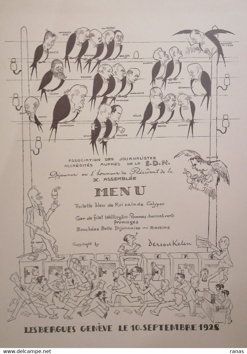 Menu SDN Société Des Nations Par Derso Et Kelen Satirique Caricature Journalisme Genève Suisse Hirondelles - Menükarten