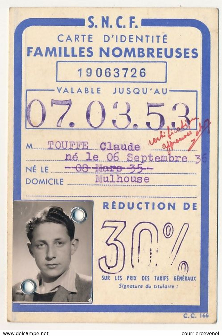 FRANCE - SNCF - Carte D'identité Familles Nombreuses, Réduction De 30% - => 7/3/1953 - Other & Unclassified