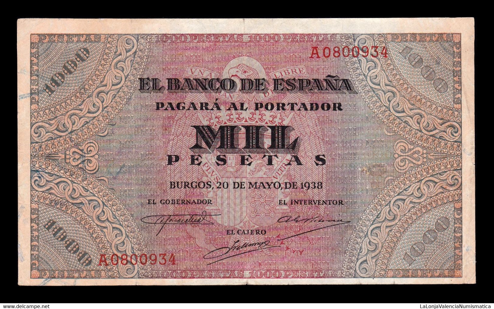 España Spain 1000 Pesetas Burgos 1938 Pick 115 Serie A MBC/+ VF/+ - 1000 Peseten