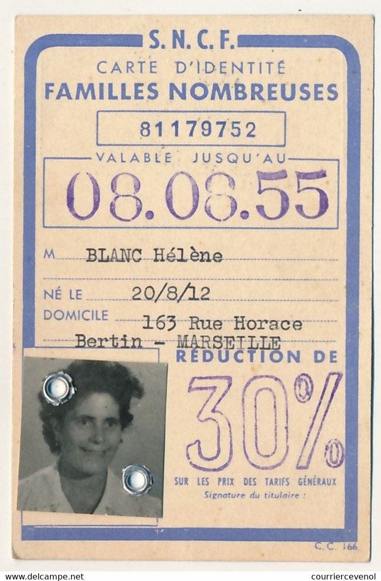 FRANCE - SNCF - Carte D'identité Familles Nombreuses, Réduction De 30% - => 8/8/1955 - Sonstige & Ohne Zuordnung