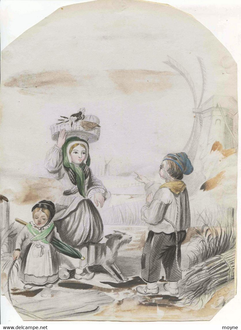 ANCIEN DESSIN AQUARELLé - Enfants Revenant Du Marché ... - Acquarelli