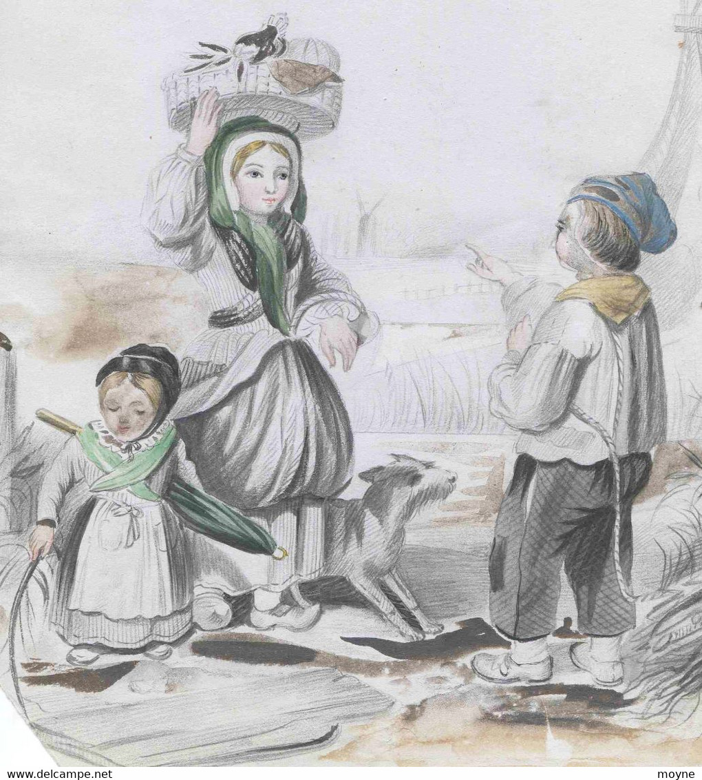 ANCIEN DESSIN AQUARELLé - Enfants Revenant Du Marché ... - Watercolours
