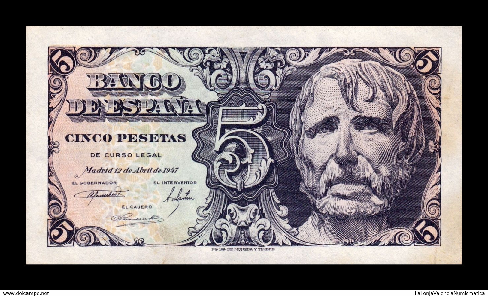 España Spain 5 Pesetas Seneca 1947 Pick 134 Sin Serie SC- AUNC - 5 Pesetas