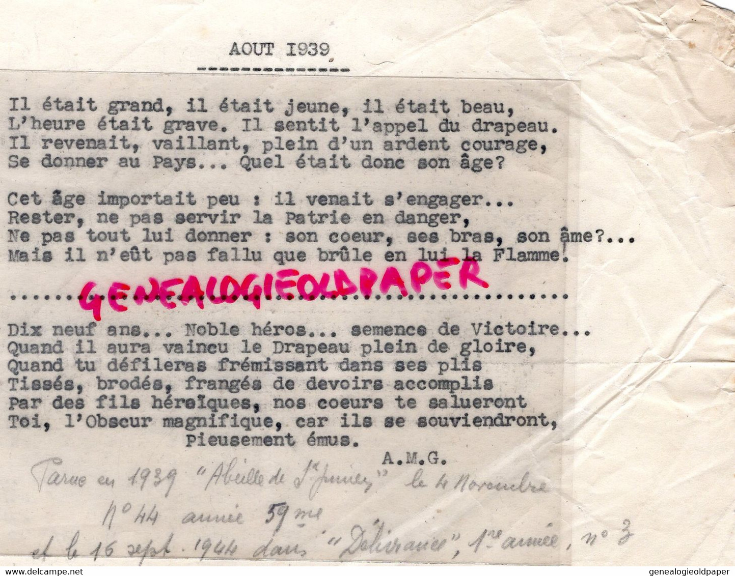 87-ST SAINT JUNIEN-DELIVRANCE ABEILLE 1939-1944- AOUT 1939-GUERRE 39-45- ARCHIVE LEONIE GASTON HYLLAIRE-RESISTANCE - Documentos Históricos