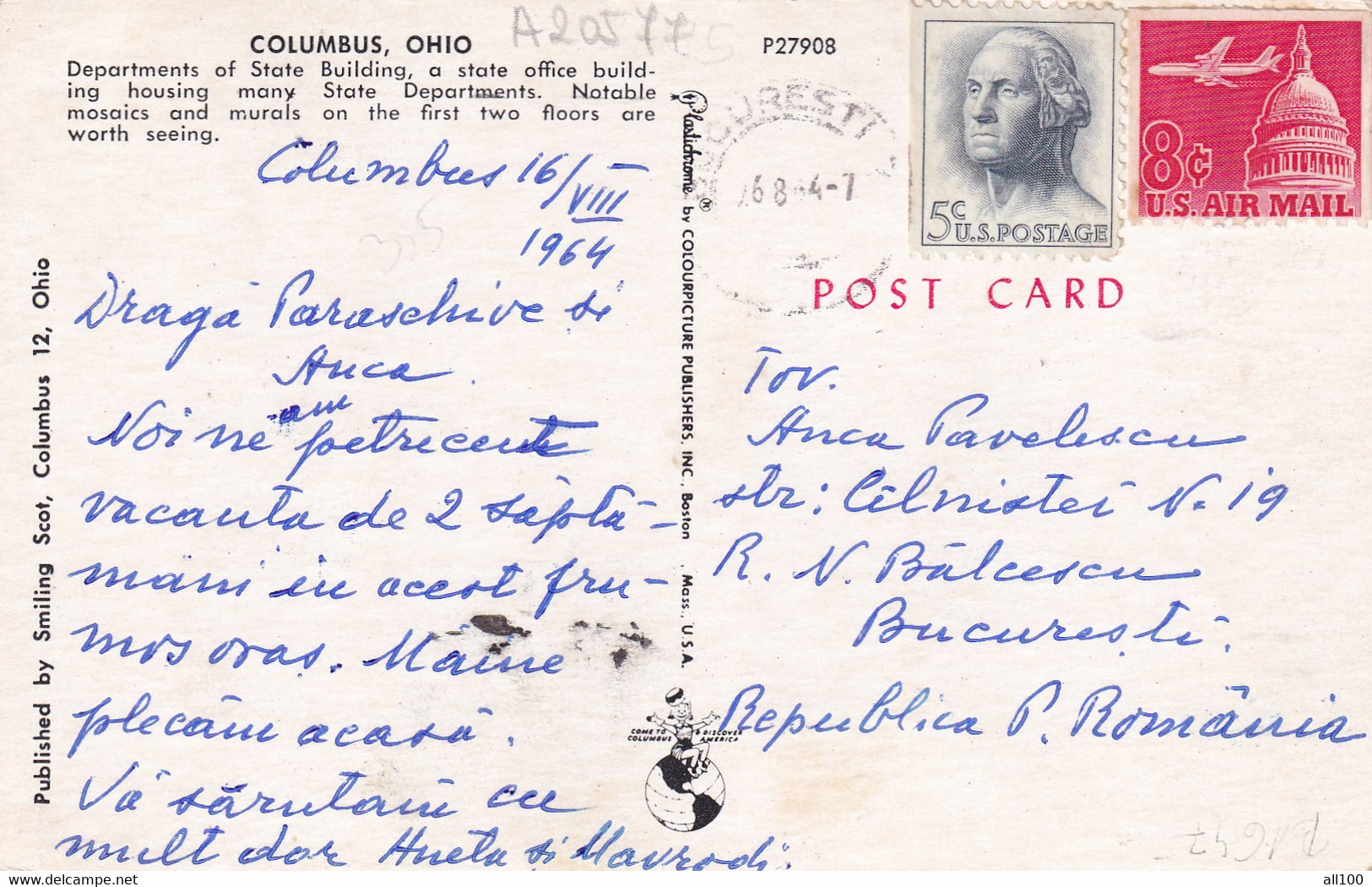 A20577 - COLUMBUS OHIO DEPARTMENTS OF STATE BUILDING USA POST CARD USED 1964 STAMP U S AIR MAIL U S POSTAGE SENT TO RPR - Columbus