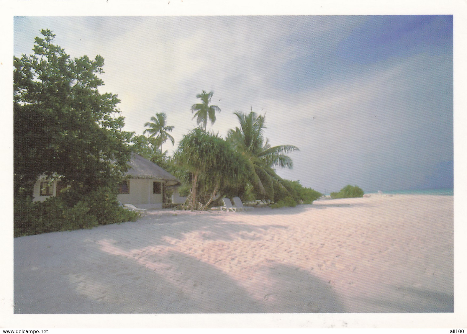 A20579 - MALDIVES VELAVARU ISLAND POST CARD USED STAMP MALDIVES ROSA MULTIFLORA SENT TO SWITZERLAND BEACH PALM TREES - Maldiven