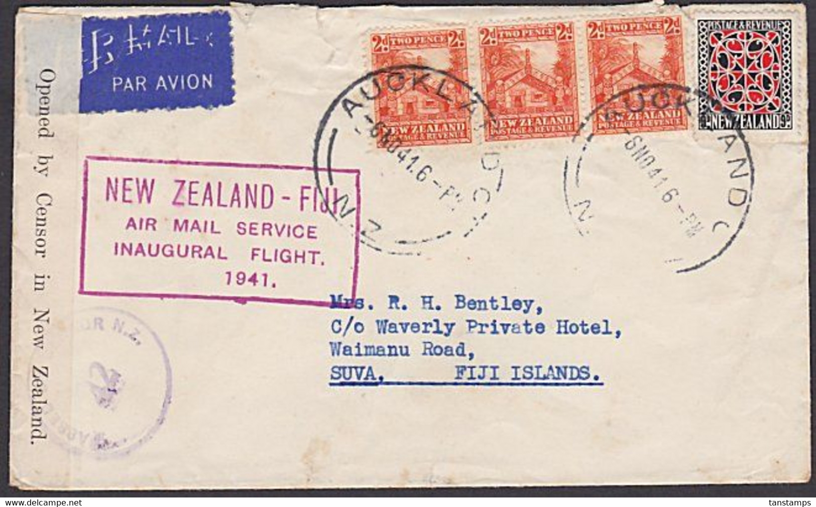 NZ - FIJI 1941 FIRST FLIGHT CENSOR COVER - Brieven En Documenten