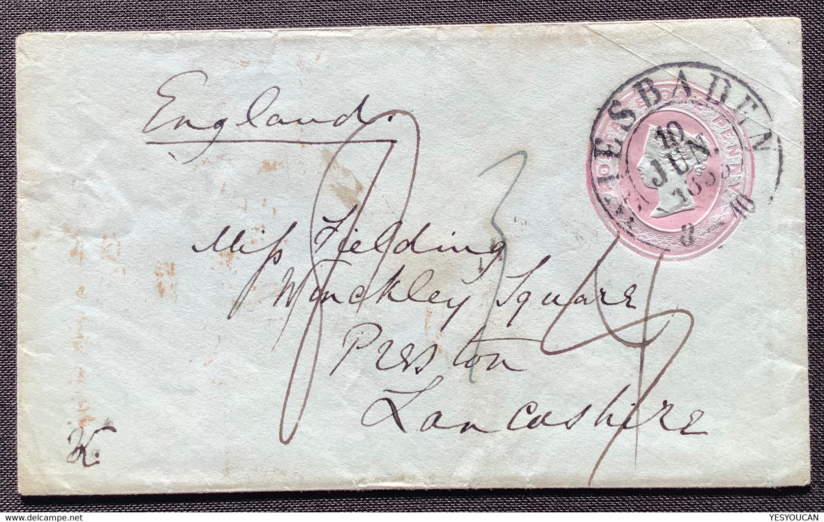 WIESBADEN 1855 GB 1d Queen Victoria Postal Stationery: Thurn Und Taxis Nassau>Preston Lancashire (cover Brief Ganzsache - Storia Postale